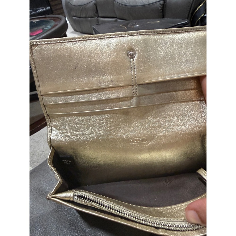 Coach Signature C Monogram Canvas Long Tri-Fold Wallet Metallic Gold Leather - Picture 6 of 13